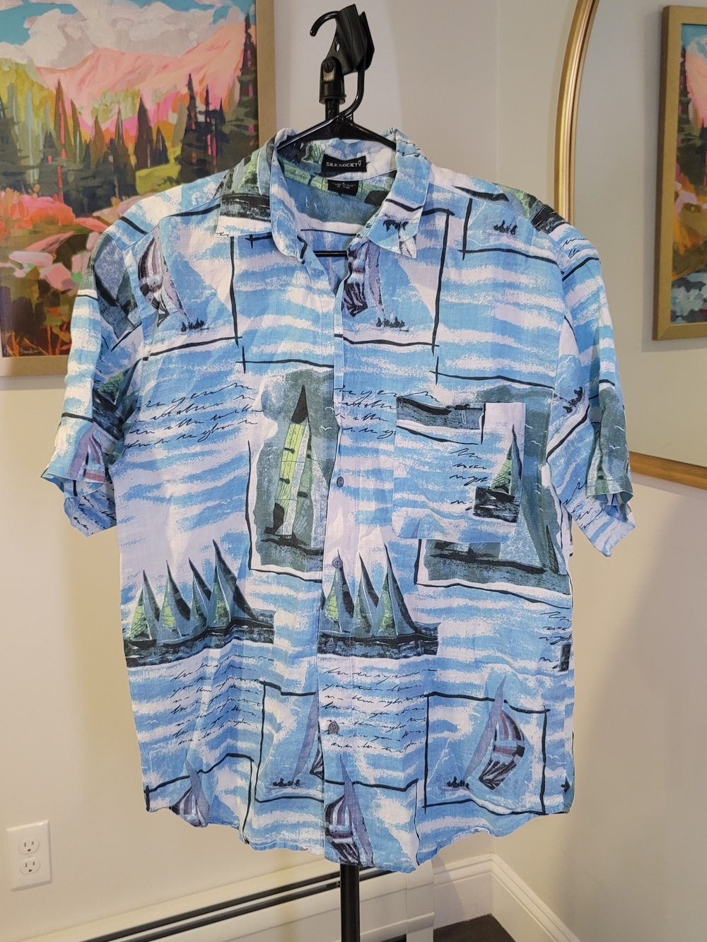 Washable Linen Short Sleeve Shirt Silk Society Sailboat Print Men's M
